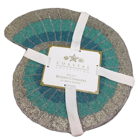 x4 Coastal Collection Beaded Abalone Shell Placemat Set Ocean Blue Silver Beach - Picture 2 of 9
